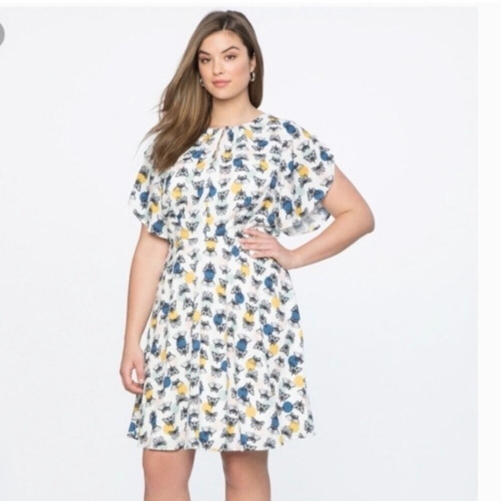 Eloquii White Dot Butterfly Print Flutter Sleeve Midi Dress Sz.22W